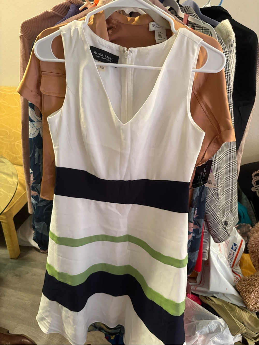 Evan Picone White Mini Dress with Navy and Light Green Stripes